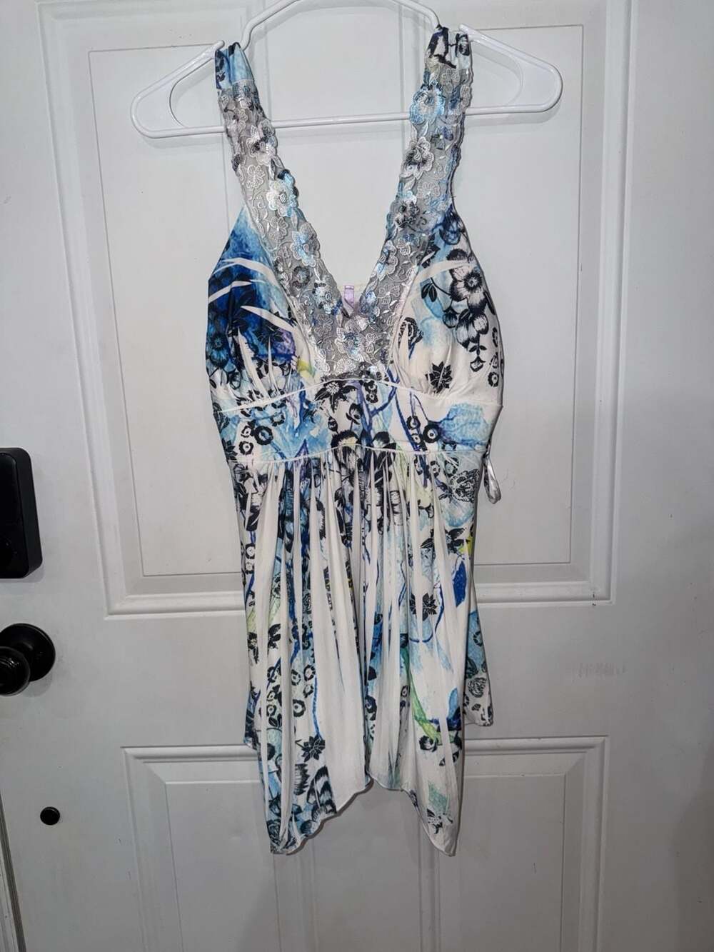 YoYo 5 Blue and White Floral Lace Trim Halter Neck Dress Style T2920 Size XL